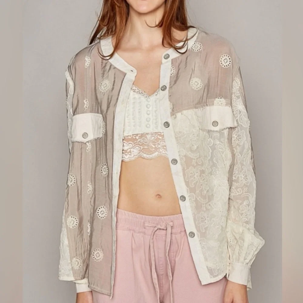 POL Eyelet Lace Button-Up Blouse - - Picture 2 of 9